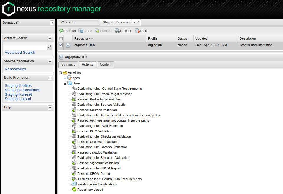 Closing and validation of the staging repository